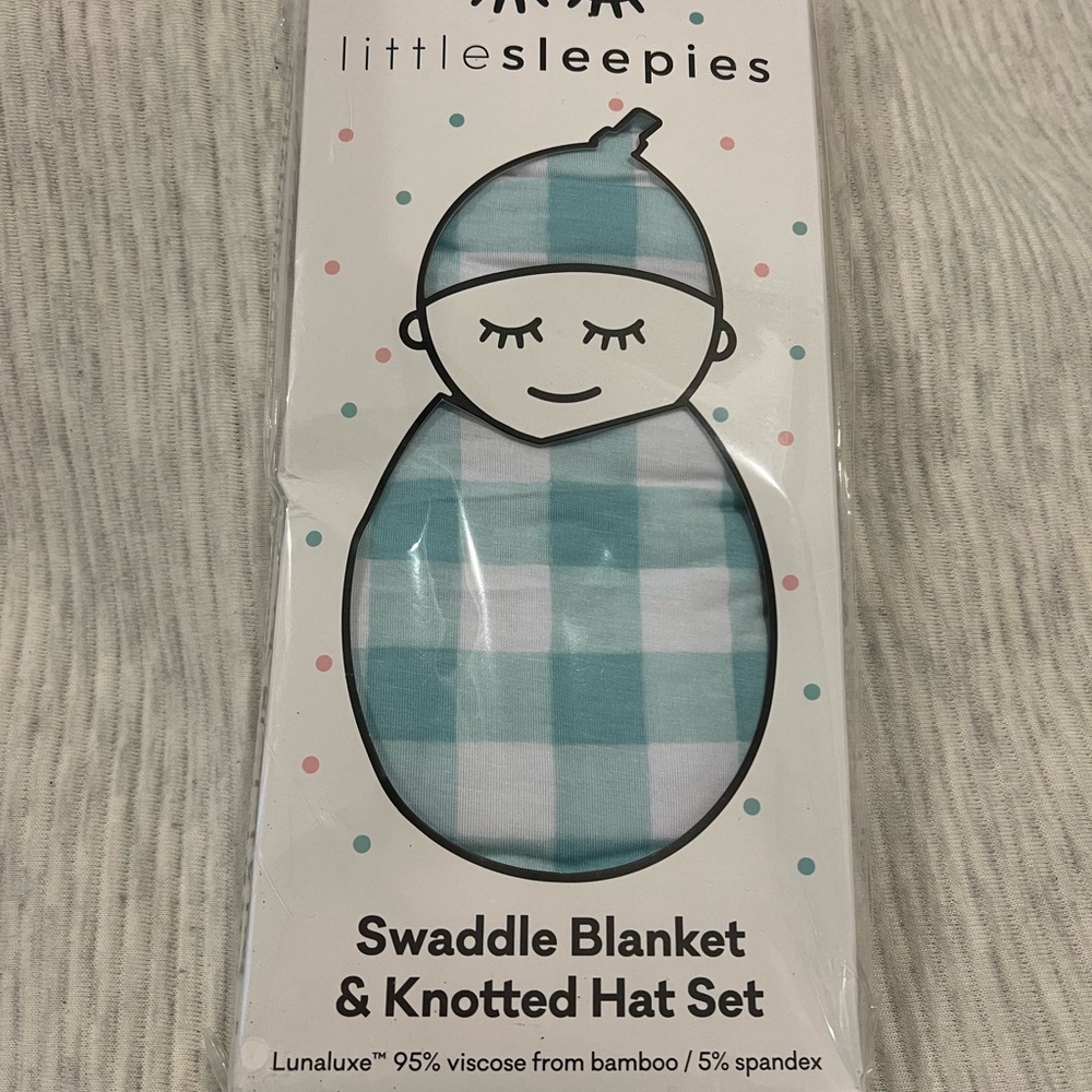 Little Sleepies Swaddle Blanket & Knotted Hat Set - Blue